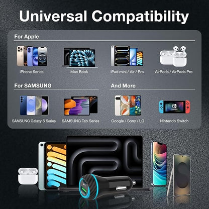 MOCA 51W QC 3.0 Fast Charging W/ 2pcs 3.3ft A-P/C-P Cable Car Charger for iPhone 16/15/14 Pro Max/Plus/16e, iPad, Samsung Galaxy S25/S24/S23 Ultra, Pixel, Android, PD/QC Car Phone Adapter Accessories