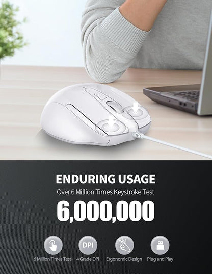 TECKNET USB Wired Mouse, 6-Button Corded Mouse with 4 Adjustable DPI, Optical Computer Mouse with Ergonomic Design and 5FT Cord for Laptop, Chromebook, PC, Desktop, Mac, Notebook-LT.White