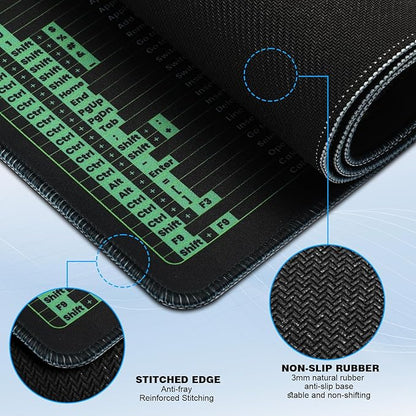 Linoows Office Shortcut Mouse Pad, Extra Large 31.5 x 11.8 Inch Gaming Mouse Mat, PC 200+ Hotkeys Keyboard Mousepad for Excel/Word/PPT/Windows, Waterproof Non-Slip Desk Pad with Stitched Edge
