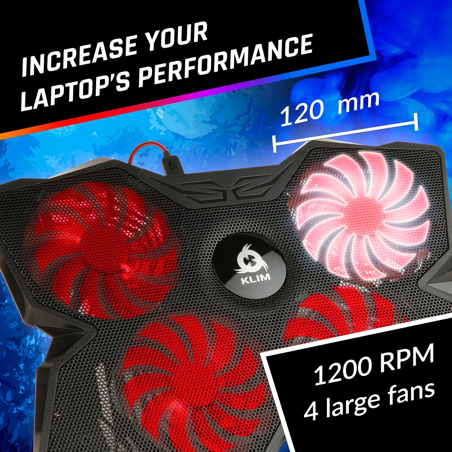 KLIM Wind Laptop Cooling Pad - Support 11 to 17 Inch Laptops, PS4-4 Fans - Light, Quiet, Powerful Cooling - Gamer USB Slim Portable Laptop Stand - NEW 2021 Version - Black