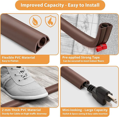 12ft Cord Cover Floor for Extension Cords, Self-Adhesive Floor Cable Cover to Protect Cables & Prevent Tripping, PVC Cord Hider Protector, Internal Wire Management Channel Diameter: 0.39", Brown