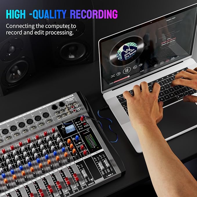 Professional DJ Audio Mixer,NEW BAXS 16 Channel DJ Bluetooth Controller Sound Mixer,USB Interface,16 XLR Mic/Line Input,AUX,FX Processor MP3 Player,+48V Phantom For Karaoke Studio Streaming Recording