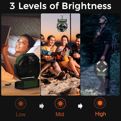 Camping Fan with Light - 20000mAh Rechargeable Battery Fan, 112Hrs Max Run Time, 8 Speeds, Digital Display, Timer, Auto Oscillation, 270° Pivot & Hook for Camping, Power Outage, Hurricane (Army Green)