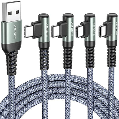 AINOPE USB C Cable 4-Pack [10/6.6/3.3/3.3FT] 3.2A 90 Degree USB C Cable Packs, Nylon Braided Angled USB C Cable Fit for Galaxy S10 S9 S8 Plus S21, Note 10 9 8, LG, Galaxy S21 Charger Fast Charging