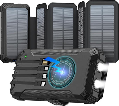 GOODaaa Solar Charger Power Bank, Portable Wireless Charger 36800mAh with Five Solar Panels Built-in Four Cable Five Outputs Outdoor Battery Pack for Cell Phone with Dual Flashlights, Carabiner