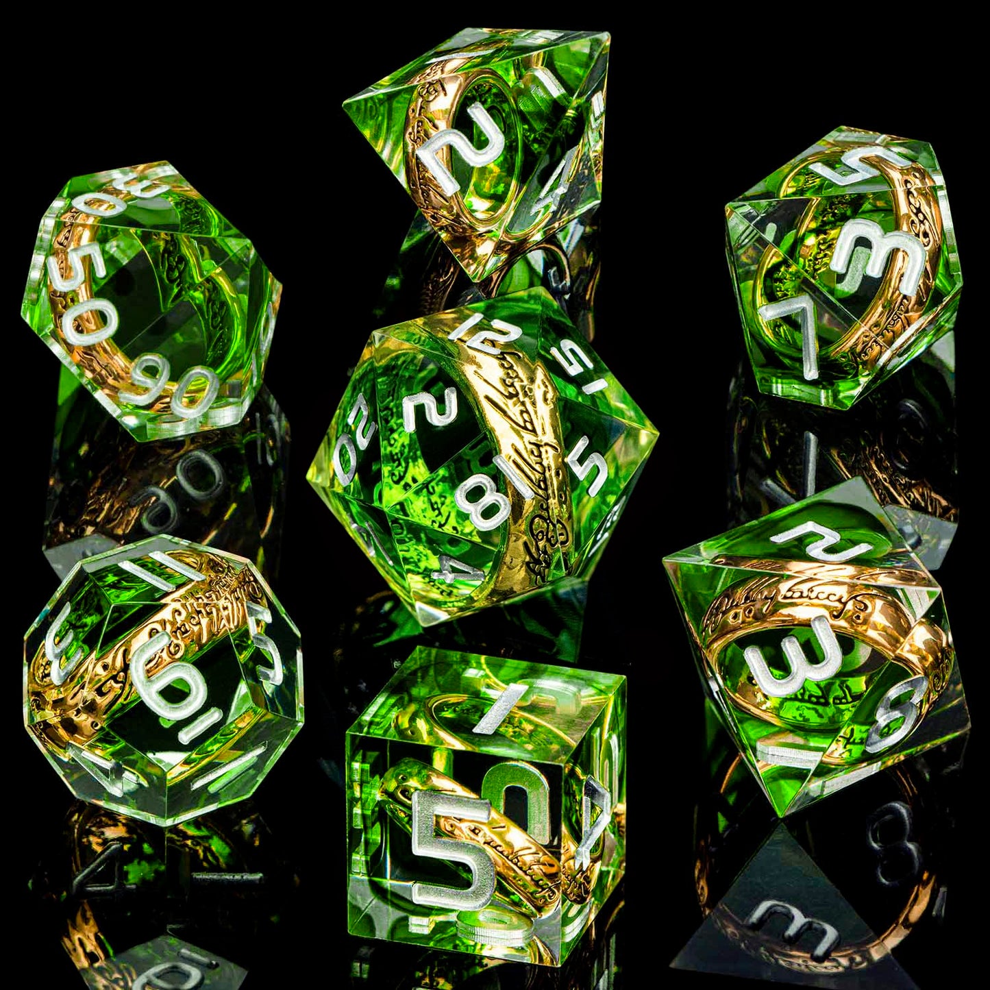ORIFANTOU Magic Golden Ring DND Dice Set with Case, Green Resin Sharp Edge D and D Dice for use with D&D Tabletop Games Lord Handmade Polyhedral Dice Set D20 D12 D10 D8 D6 D4
