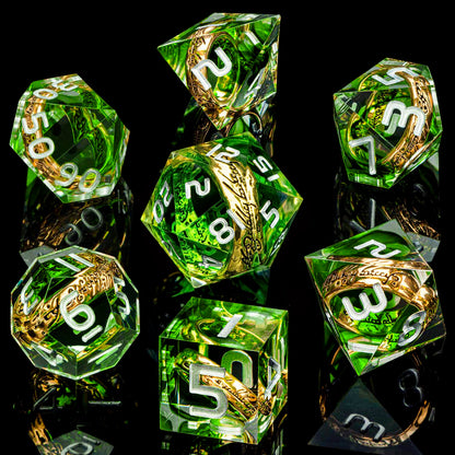 ORIFANTOU Magic Golden Ring DND Dice Set with Case, Green Resin Sharp Edge D and D Dice for use with D&D Tabletop Games Lord Handmade Polyhedral Dice Set D20 D12 D10 D8 D6 D4