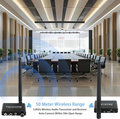5.8GHz Wireless Audio Transmitter Receiver,164Ft/50M Long Range 18ms Low Latency, RCA / 3.5mm AUX Input/Output with Volume Adjustment Knob, Used for TV/PC/CD/Power Speaker/Soundbar/Headphones