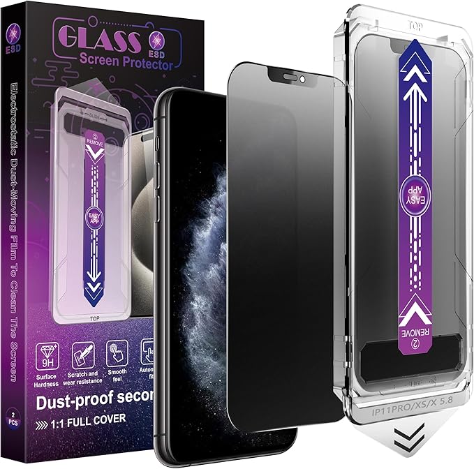 2 Pack Matte Privacy Screen Protector for iPhone X/iPhone XS/iPhone 11 Pro, 9H Tempered Glass, Full Coverage, Anti-Fingerprint, Auto Dust-Elimination, No Bubble, Easy Installation