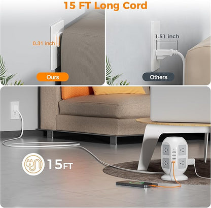 Tower Surge Protector Power Strip 15 ft, TESSAN Long Flat Extension Cord with Multiple Outlets, 8 AC Outlets with 4 USB Ports (1 USB C), Charging Station with Surge Protection, for Home Office Dorm