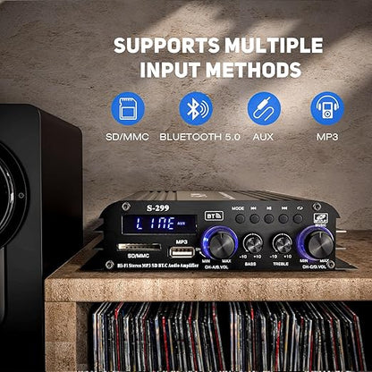 Facmogu S-299 4.1CH Bluetooth Power Amplifier with Active Subwoofer Output (NOT Passive Subwoofer), Max 800W RMS 40Wx4 Subwoofer Amplifier Hi-Fi Integrated Mini Speaker Amp Audio Sub Bass Amp