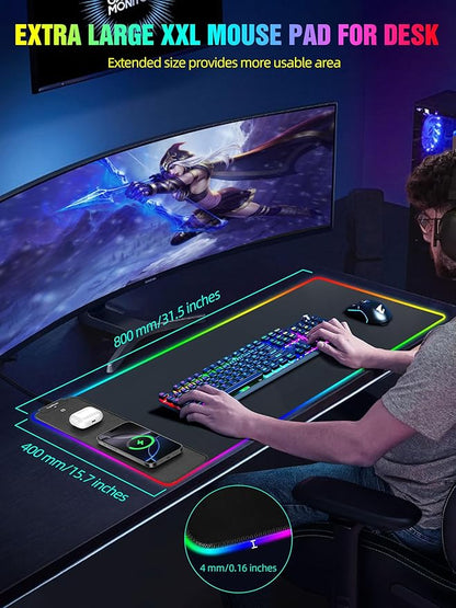 TopMade Wireless Charging RGB Mouse Pad, Waterproof Gaming Desk Pad with 4 Light Modes & 11 RGB Colors, Ultra-Smooth Surface, Non-Slip Base, 31.5"x15.75" XXL Large Desk Mat for MacBook, PC, Laptop