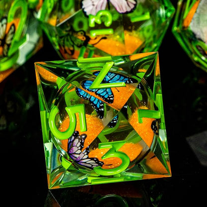 Butterfly DND Dice Green Liquid Core Dice Set with Metal Box, Handmade Sharp Edge D and D Polyhedral Dice for use with D&D Role Playing Game, D20 D12 D10 D8 D6