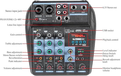 Dj Mixers 4 Channel Audio Mixer Sound Board with Bluetooth, Portable Usb Audio Interface with 48V Phantom Power Small Sounds Mixer Board with FX Delay Effect for Streaming