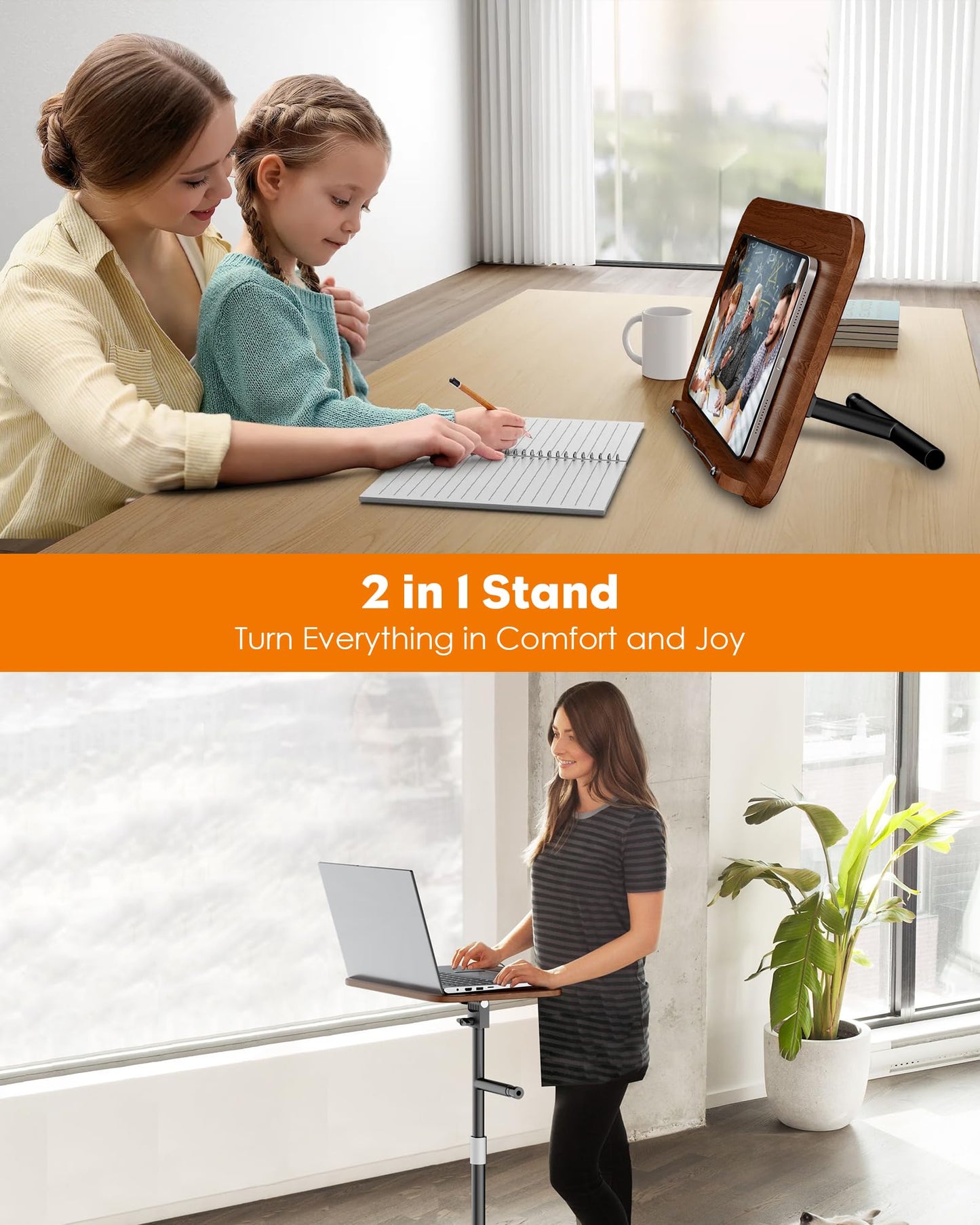 aboutool 2 in 1 Dual-use Floor Book Stand & Desktop Book Stand,Height Adjustable from 33-63in, Adjustable Book Holder with Elastic Page Clips for Music Scores, Recipe, Tablet, Laptop