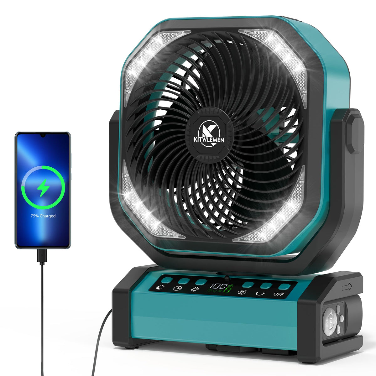 Camping Fan with Light - 20000mAh Rechargeable Battery Tent Fan, 112Hrs Max, 8 Speeds, Digital Display, Timer, Auto Oscillation, 270° Pivot & Hook for Garage, RV, Hurricane, Co-Branded with AMACOOL