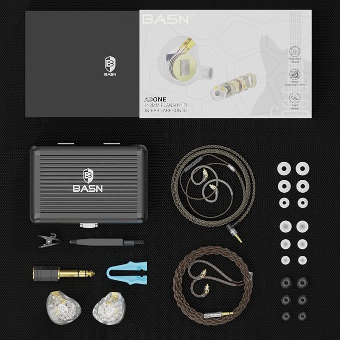 BASN ASONE 14.2mm Planar Driver in-Ear Monitors Earphone with Two Detachable MMCX Cables for Musicians Drummers Bass Players Singers(Clear)