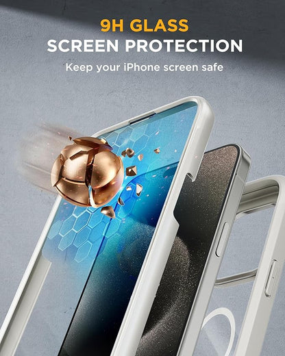 Miracase Magnetic for iPhone 15 Pro Case [Compatible with MagSafe] Full-Body Phone case with Built-in Glass Screen Protector& Camera Protector, Military Drop Proof 15 Pro Cover,Titan