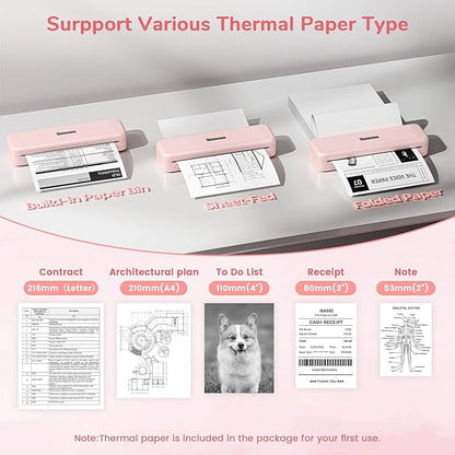 Phomemo Portable Printers Wireless for Travel Upgraded,M834 Bluetooth Thermal Printer 8.5" x 11"& A4 Size,Inkless Mobile Printer with Carry Case for Travel,Office,School,Car,Home,Pink