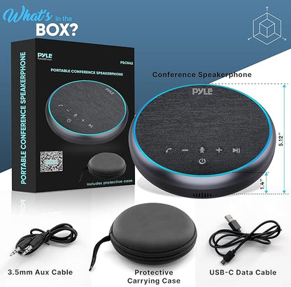 Pyle Portable Conference Speakerphone, Multifunctional Wireless BT Speaker Phone with USB C and Aux Cable, 10m Omnidirectional Microphone Coverage, Ideal for Home and Office Use