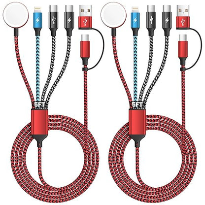 Travel Essentials 4in2 Multi Charging Cable for Apple Watch Charger,USB A/C to Dual Type C/IP/iWatch Charger,Travel Chargers for Multiple Devices Compatible with iWatch Series&iPhone 16-12（2PACK,5FT）