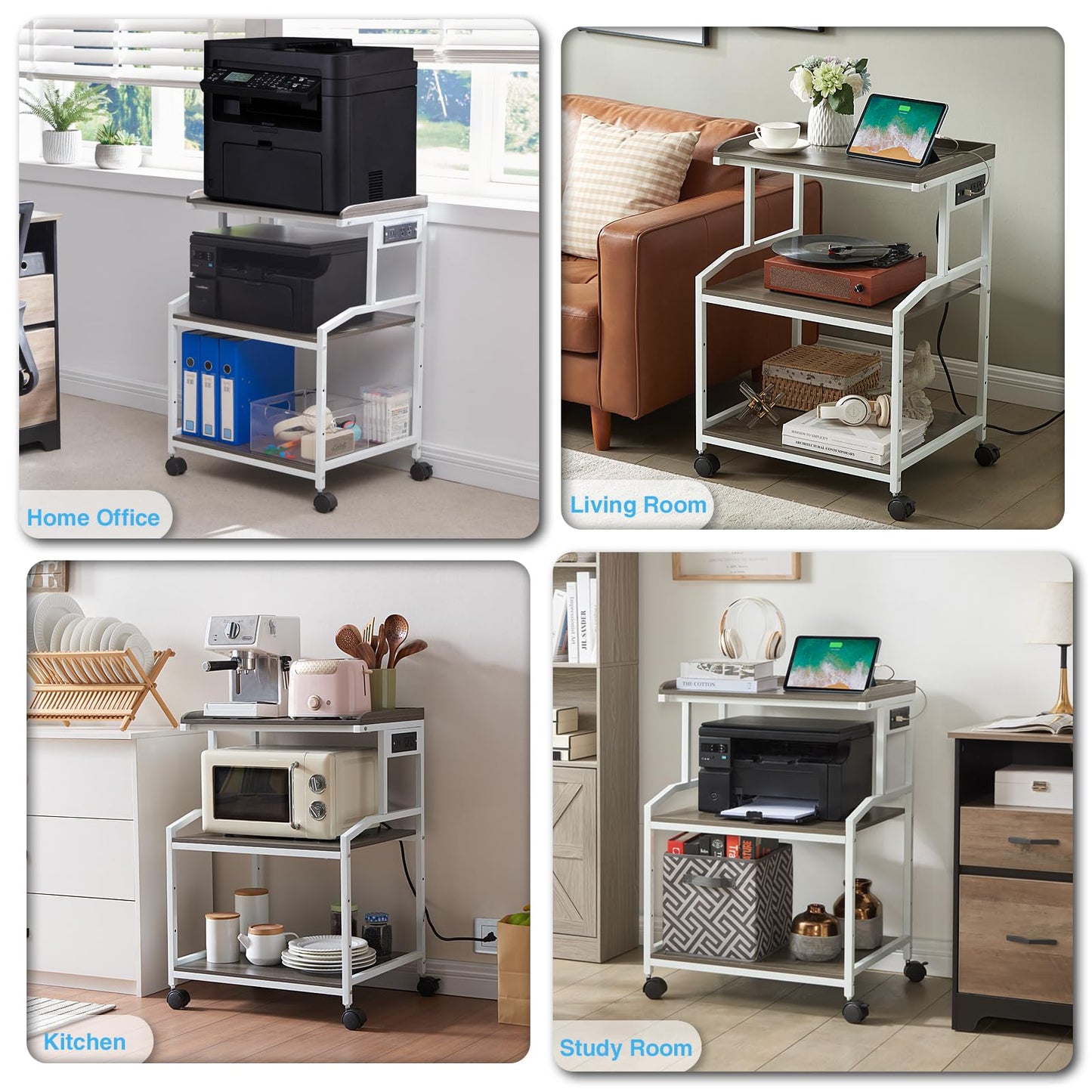 Lauren&Harold 34'' Printer Stand with Power Outlets & USB Ports Grey/White