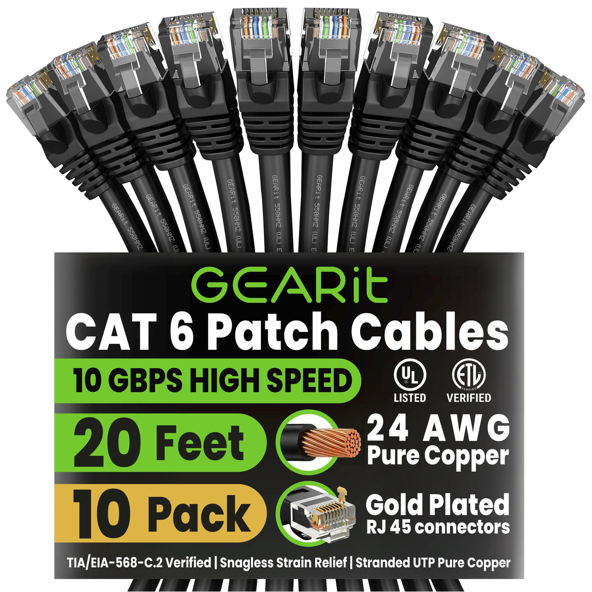 GEARit Cat6 Patch Cables Cat 6 Ethernet Cable 6 ft 10-Pack Green