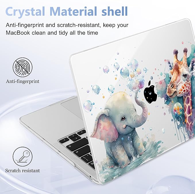 Case for MacBook Pro 13 inch with/Without Touch Bar (2016-2022, M2 A2338 M1 A2289 A2251 A2159 A1989 A1706 A1708), Hard Shell + Keyboard Cover + Dust Plug - Elephant & Giraffe
