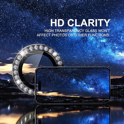 Choiche Compatible for iPhone 15 Pro/iPhone 15 Pro Max Camera Lens Protector Bling, 9H Tempered Glass Camera Cover Screen Protector Metal Ring Decoration Accessories (Diamond-Black)