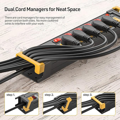 CRST 6 Outlets Wide Spaced Power Strip, Metal Wall Mount Surge Protector Power Strip with Individual Switches and Cord Manager for Garage, Shop, Office, Home. 1020Joules, 15Amp/1875W, 6 FT Cord