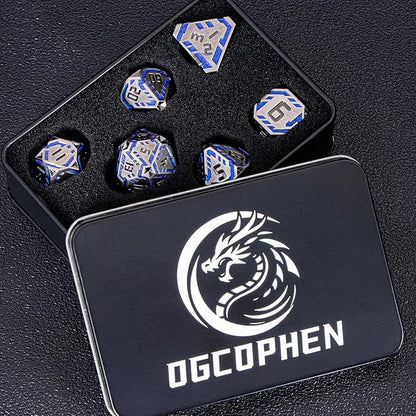 Metal DND Sci-fi Dice Set 7PCS Stripe Polyhedral Dice for Dungeons Dragons RPG Role Playing Game, Glitter D and D Dice with Gift Box D6 D8 D10 D12 D20 (Blue Purple&Grey)