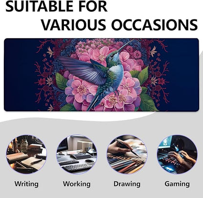 Floral and Hummingbird Large Mouse Pad, Gaming Mouse Pad, Keyboard Mat, Non-Slip Rubber Base, Office Accessories, Desk Mat, MousePads for School, Work, Home Decor Gifts 31.5" x 11.8"
