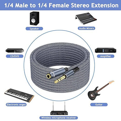 1/4 inch Extension Cable, 50ft, Male to Female Stereo Headphone Guitar Cable Copper Wire, Gold Plated Connectors, Tangle-Free, Compatible with Mixing Console, Speaker, Amplifier, Guitar