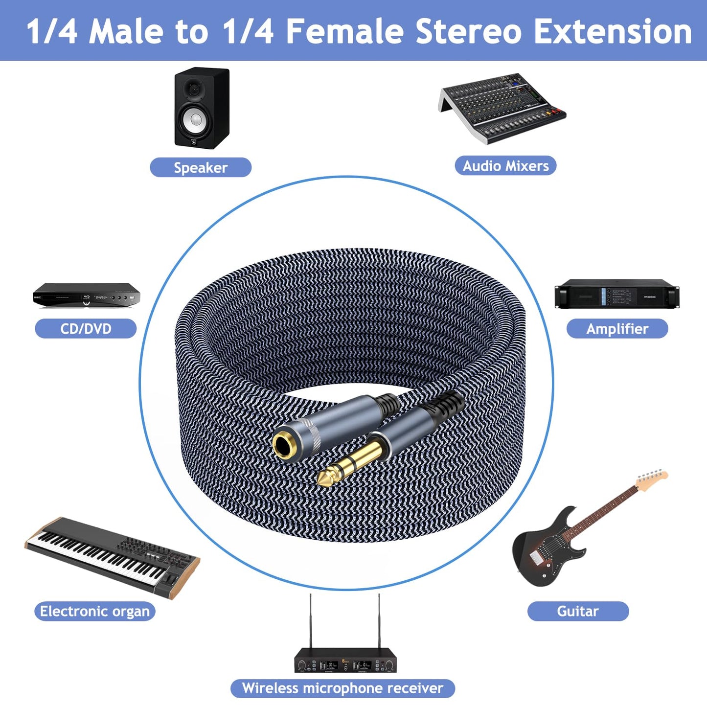 TAISUSAN 1/4 inch 10ft Stereo Headphone Guitar Cable, Male to Female, Quarter inch Headphone Extension