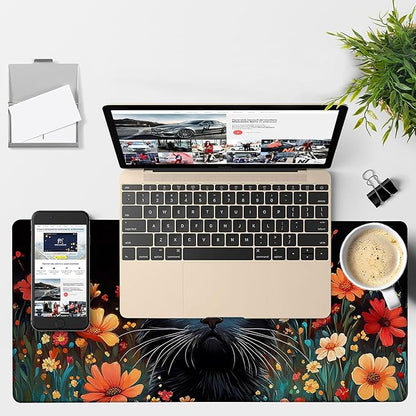 Black Cat and Flowers Gaming Mouse Pad 3mm Thick Stitched Edge Waterproof Non-Slip Large Computer Keyboard Mouse Mat,Suitable for Office Entertainment Decorative Desk Pad 35.4 x 15.7 Inches