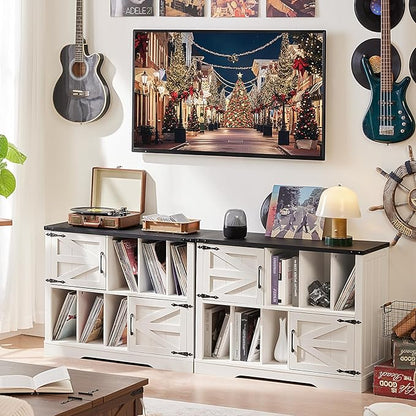 Large Record Player Stand with Vinyl Storage Up to 450 Albums, 39 Inch Farmhouse Rustic Wood White Storage Cabinet with Barn Doors, Vintage Mid-Century Turntable Stand for Bedroom, Living Room