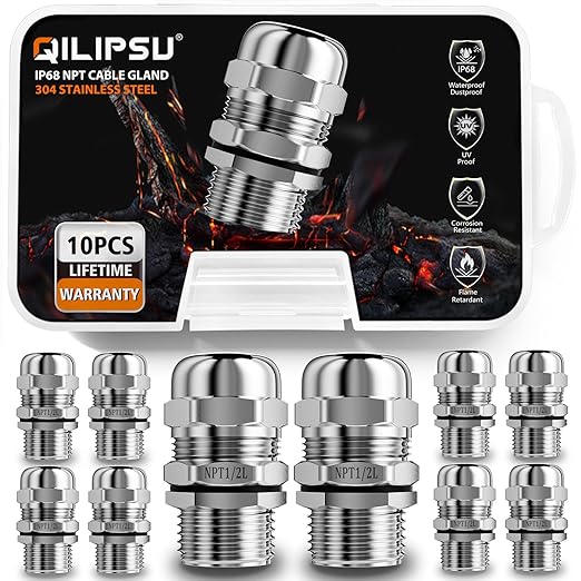 QILIPSU 10pcs 1/2" NPT 304 Stainless Steel Cable Gland Long Thread Waterproof IP68 Metal Strain Relief Cord Grip Cable Pass Through Wire Connector