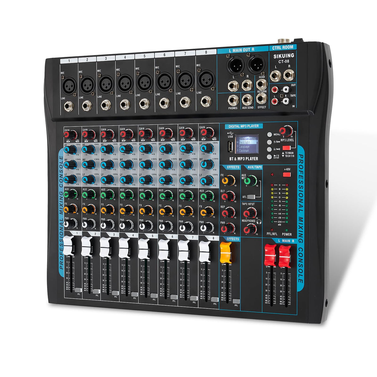SIKUING 12 Channel Audio Interfacer Sound Board Mixer DJ Mixer 16-Bit DSP Effect USB Audio Mixer +48V Phantom Power Bluetooth Mixer for Karaoke Studio Streaming Recording,Live Streaming
