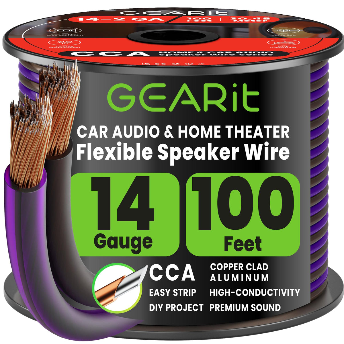 GEARit 14 Gauge Speaker Wire 100FT,14/2 Speaker Cable for Home & Car Audio