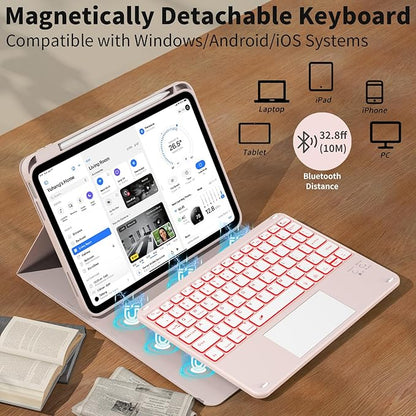 JKSML for iPad(A16) 11th/10th Generation Case with Keyboard (11/10.9 inch) 2025/2022, 7 Color Backlight Detachable Bluetooth Cover with Trackpad, Flip Stand Case Thin with Pencil Holder, Baby Pink
