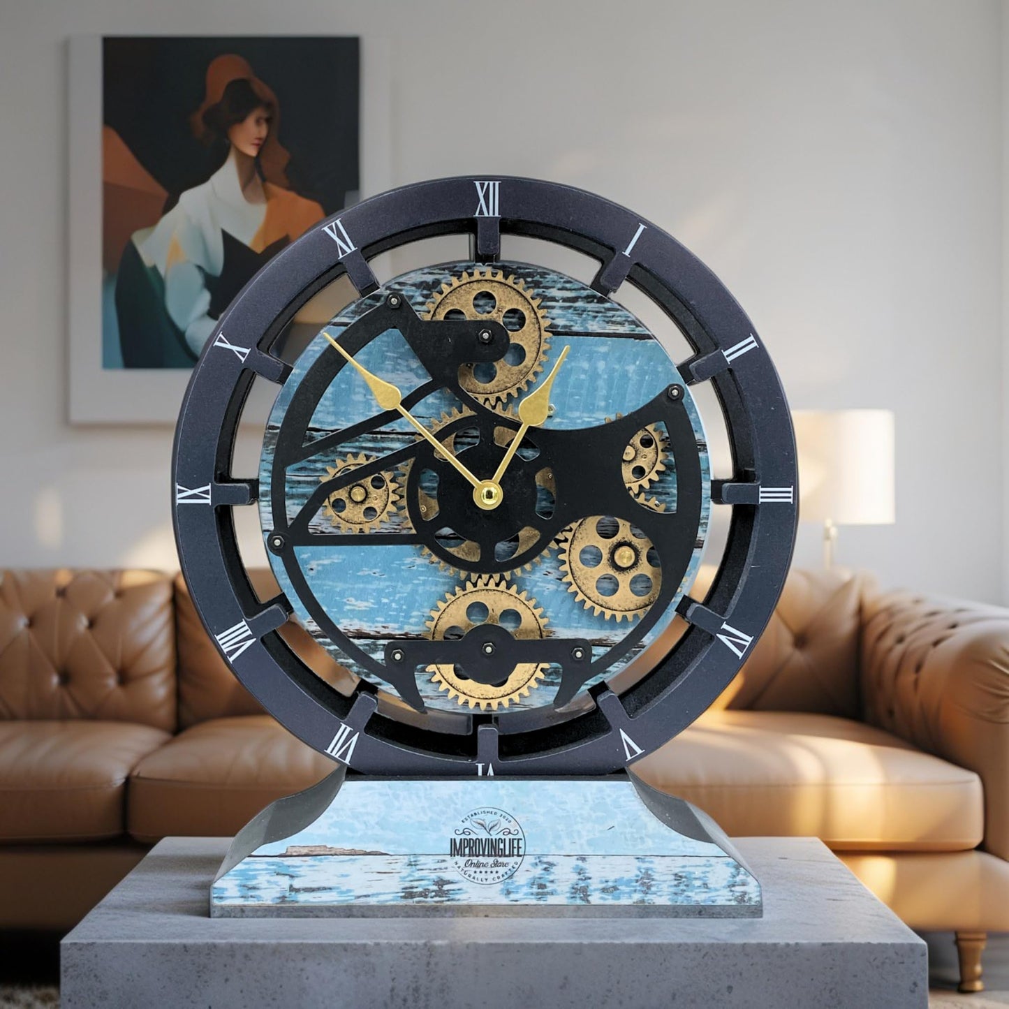 ImprovingLife The Gears Clock Desk Clock 10 inches with Real Moving Gears Convertible into Wall Clock (Aqua Green)