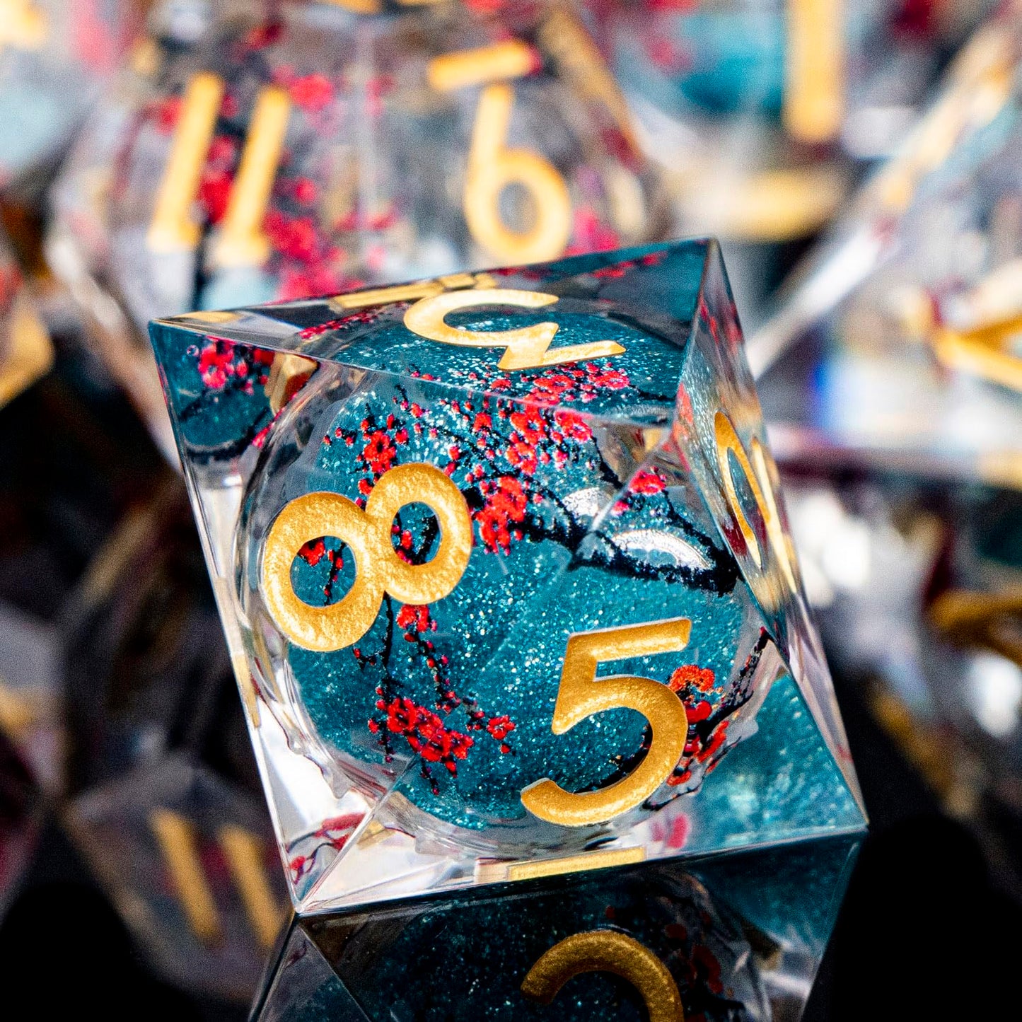 ORIFANTOU Plum Blossom DND Dice Blue Liquid Core Dice Set with Metal Box, Handmade Sharp Edge Dice D and D Polyhedral Dice for use with D&D RPG Role Playing Game ﻿