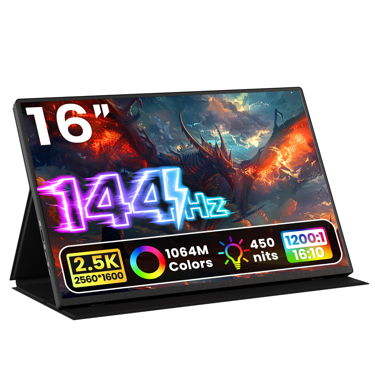 Upperizon Portable Monitor 16 inch 2K QHD 2560X1600 145% sRGB, 144Hz USB-C, 120Hz HDMI, Travel Monitor for Laptop MacBook PC Surface PS5 Xbox, External Display with Kickstand & Speaker VESA Compatible