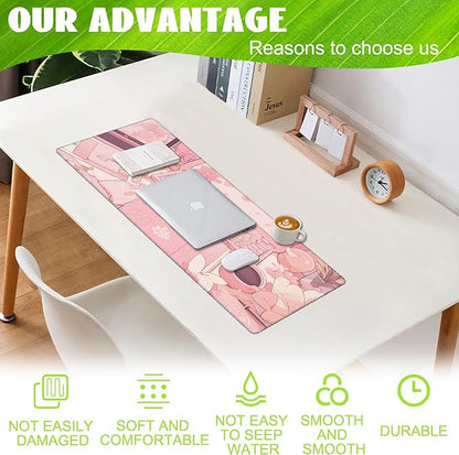 Eflxamz Large Gaming Mouse Pad for Desk,Pink Kawaii Anime Girl Desk Desk Mat,Kawaii Anime Desktop Desk Pad,Extended Big Computer Keyboard Mouse Pad with Non-Slip Base and Stitched Edge,31.5"x11.8"