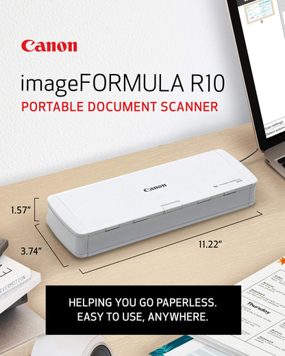 Canon imageFORMULA R10 - Portable Document Scanner, USB Powered, Duplex Scanning, Document Feeder, Easy Setup, Convenient, Perfect for Mobile Users, White