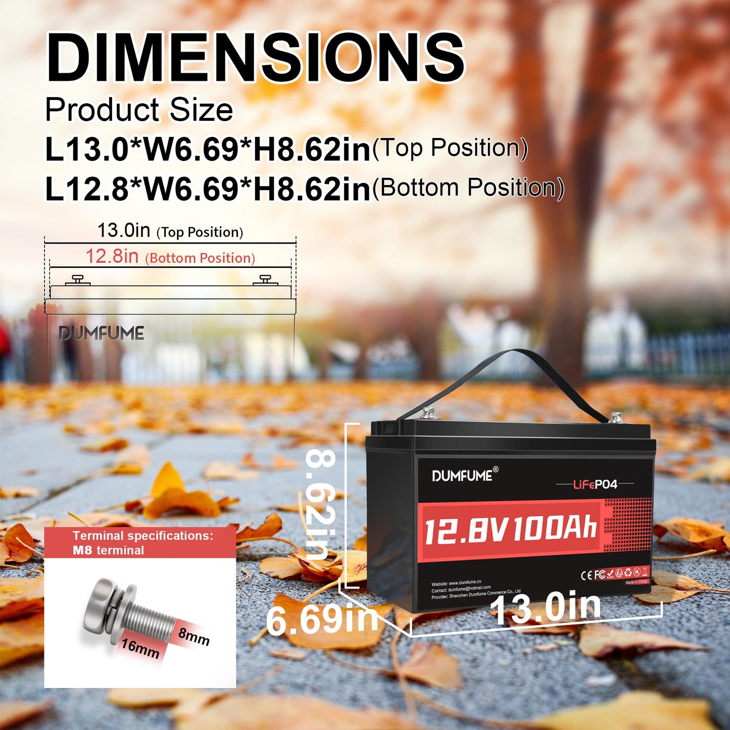 Dumfume 12V 100Ah LiFePO4 Lithium Battery Built-in 100A BMS, Group 31 Rechargeable Battery 6000+ Cycles 1280Wh Perfect for RVs MotorHomes, Camper, Solar System, and Off-Grid