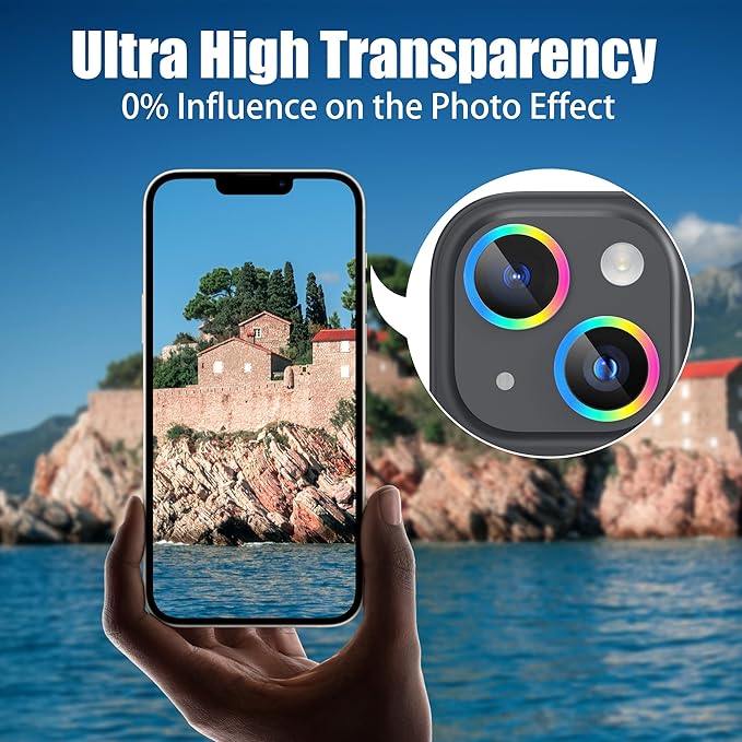 AGVEE 3+3 6 Pack for iPhone 15 6.1" / 15 Plus 6.7" Camera Lens Cover Protector, Metal Ring 9H Tempered HD Glass Camera Cover Protector Film, Black