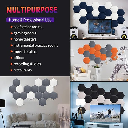 Mollywell Hexagon Acoustic Panels, High Density, Soundproofing, Decorative Noise Reduction Felt Wall Tiles for Ceilings, Home Office & Gaming Room (Moon and Silver Gray), 14x12x0.4 Inch
