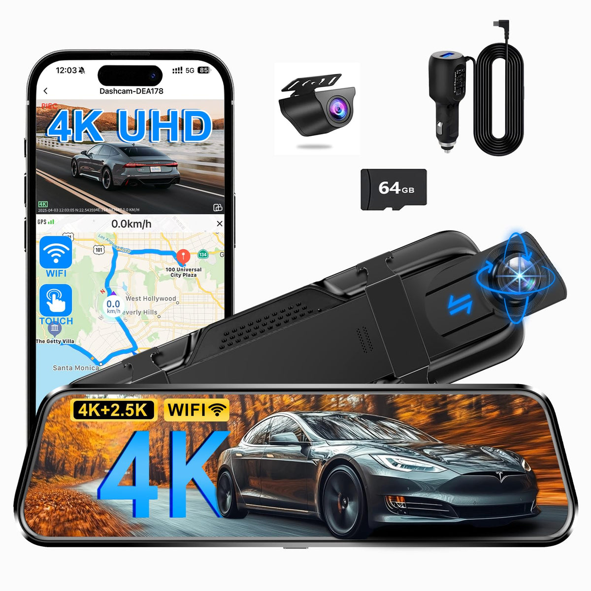 4K+2.5K Rearview Mirror Dual Dash Cam for Cars, Night Vision WiFi