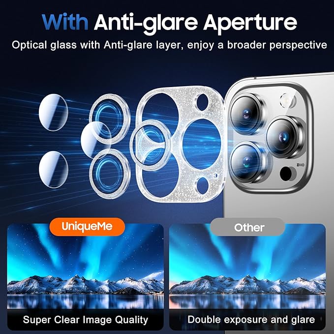 UniqueMe 3 Packs Compatible for iPhone 14 Pro Max/iPhone 14 Pro Camera Lens Protector Acrylic [Not Glass],[Case Friendly][Scratch-Resistant][Night Shooting Mode]-Glitter Silver